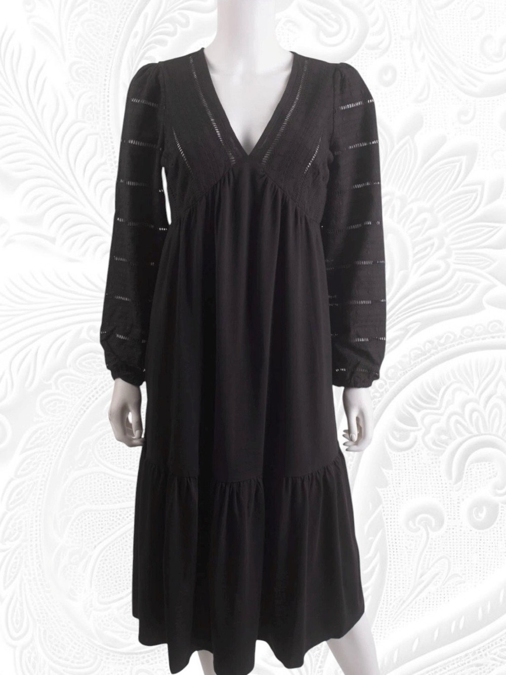 Boden Black Boho Woven Mix Midi Jersey Dress Long Sleeve Size 8 NWOT